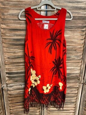Beach Cabana Red Tropical Fringe Tank Dress